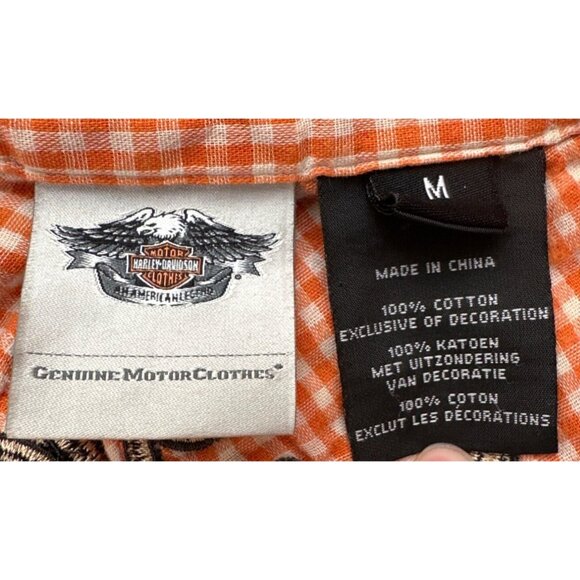 Harley Davidson Snap Button Shirt Women Medium Orange Plaid Long Sleeve Embroide - Picture 5 of 7